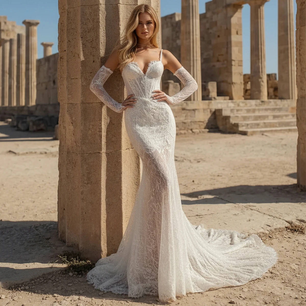 

Luxury Mermaid Lace Appliques Wedding Dress For Women Detachable Sleeve V Neck Bridal Party Gown With Train Vestidos Novia