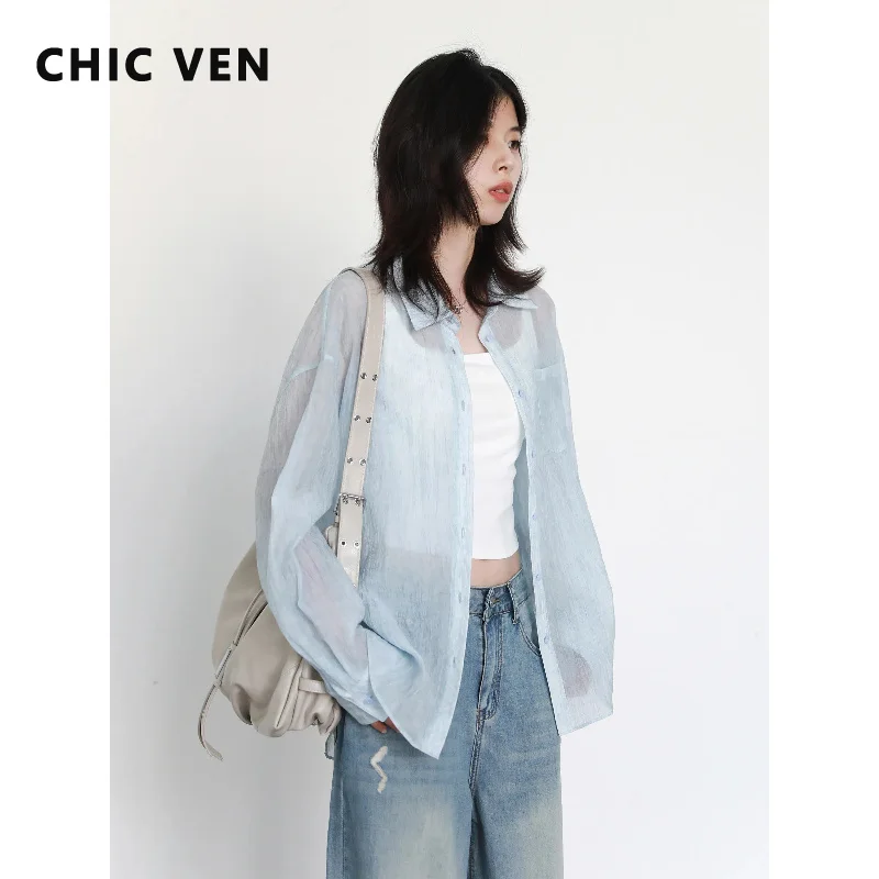 CHIC VEN Fashion Women Shirts Solid Loose Casual Single Breasted Back Slit Long Sleeved Female Blouses Oversized Tee Summer 2026