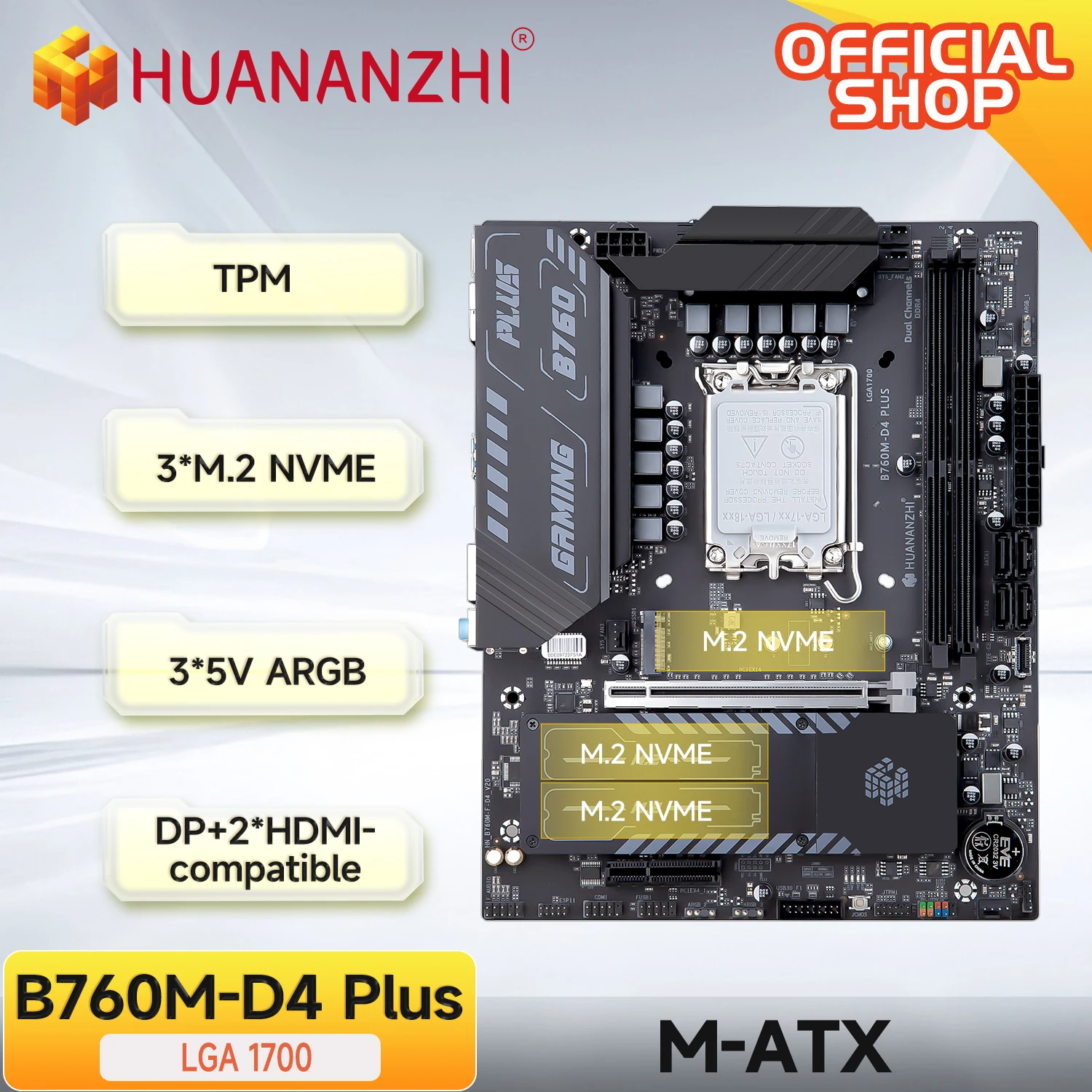 

Материнская плата HUANANZHI B760M D4 PLUS DDR4 с поддержкой процессора Intel B760 LGA 1700 12100F 12400F 12490F 12600F 12700F 13600F