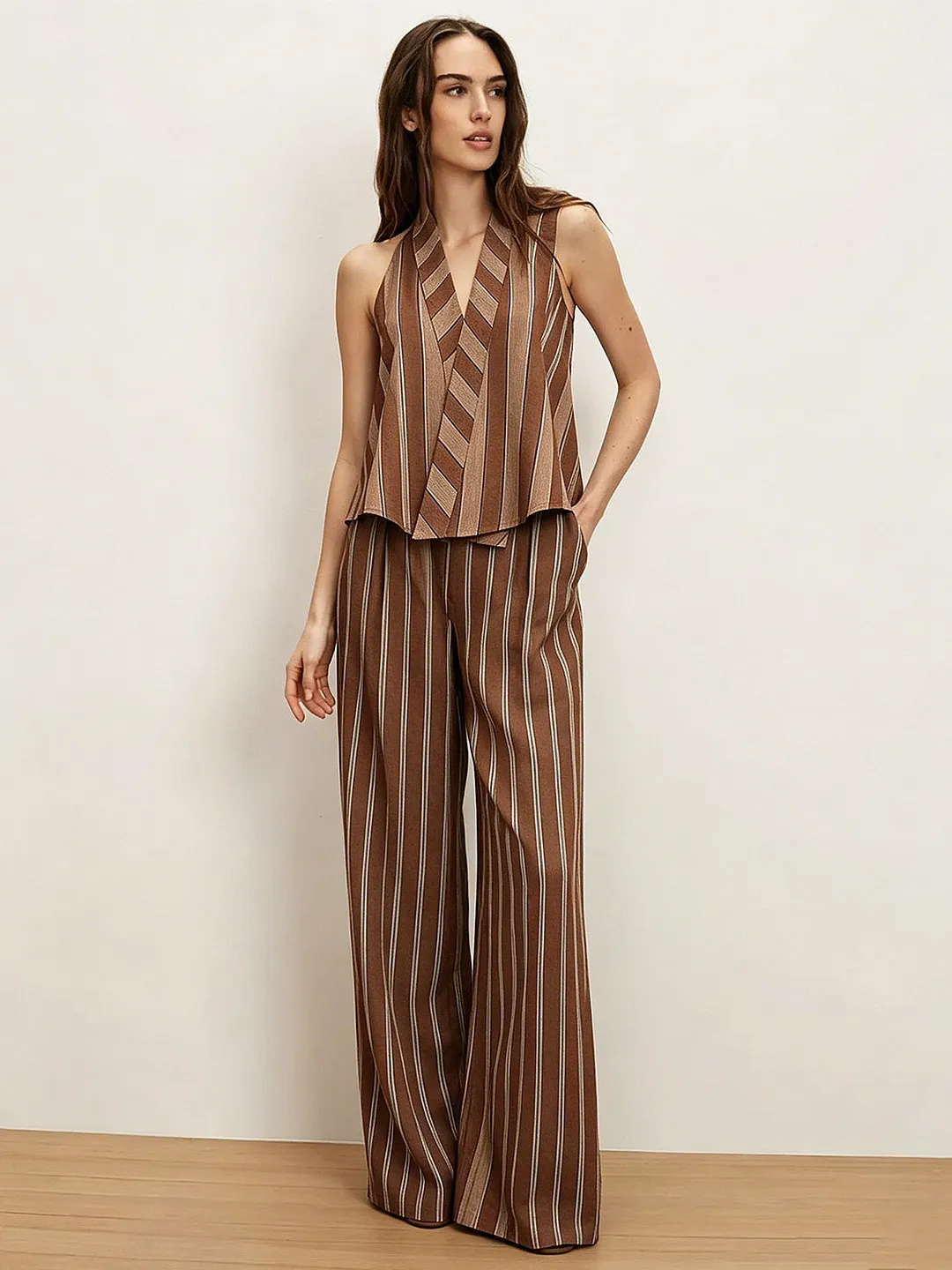 British Style Brown Striped Set Irregular Color Collision Vest Straight Leg Pants Two Piece Set Casual Summer Fashion Women's...