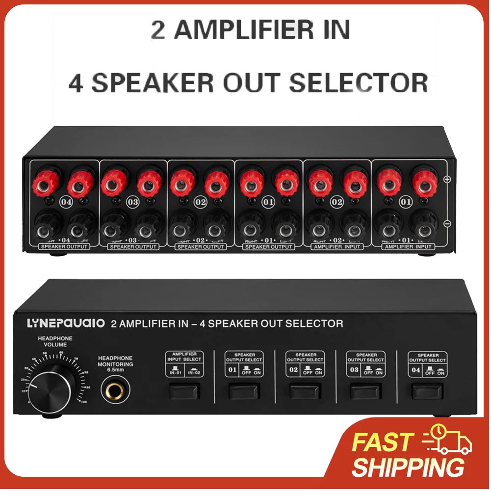 

LYNEPAUAIO 2 in 4 Out Speaker Selector Switch Box 4 Zone Amplifier Speaker Selector Volume Control Banana 6.5mm Earphone Jack