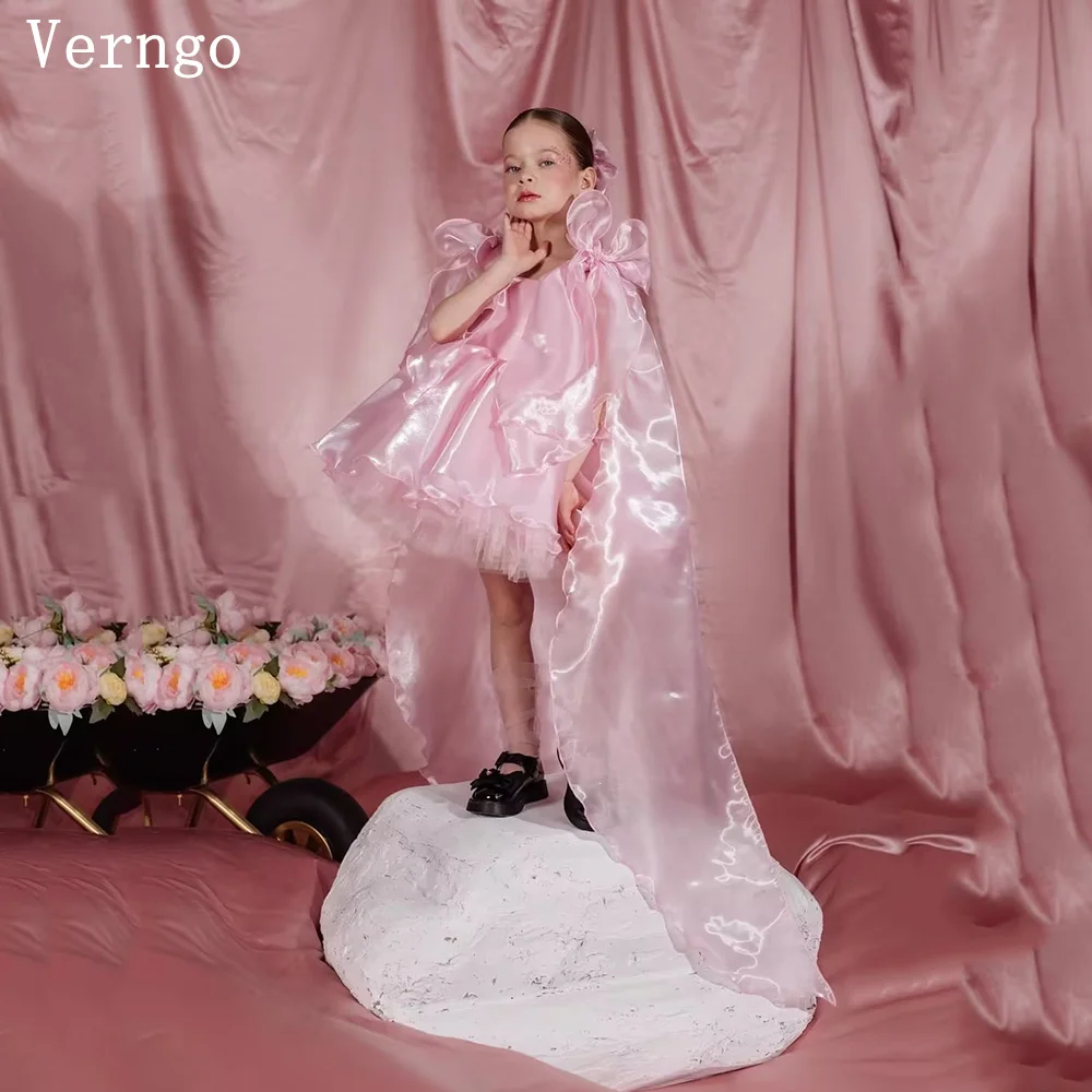 

Verngo Pink Shiny Satin Girl Flowers O Neck A Line Princess Short Sleeves Formal Dresses Kid Prom Party Gown Customized