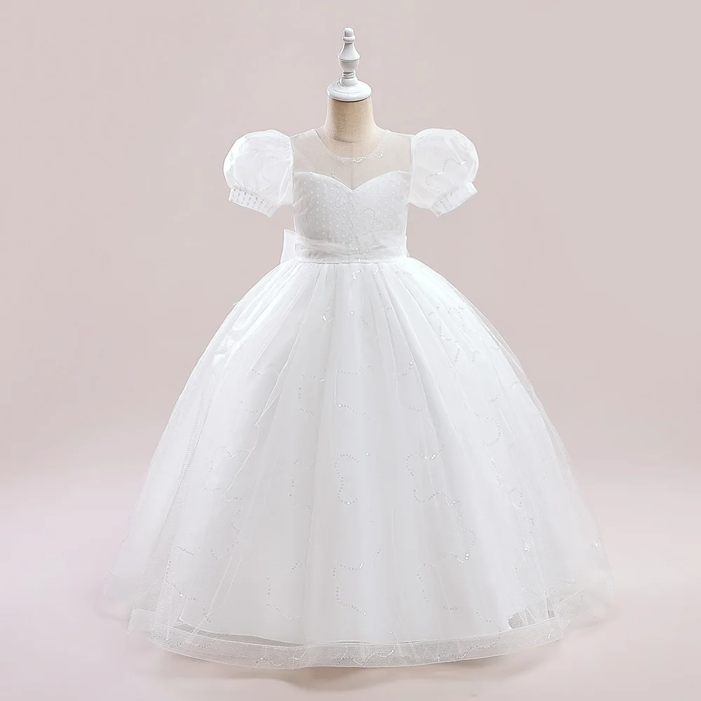 Puff Sleeve White Bridemaid Girls Dress Sequin Flower Embroidery Party Princess Dresses For Girl Child Bow Birthday Prom Costume