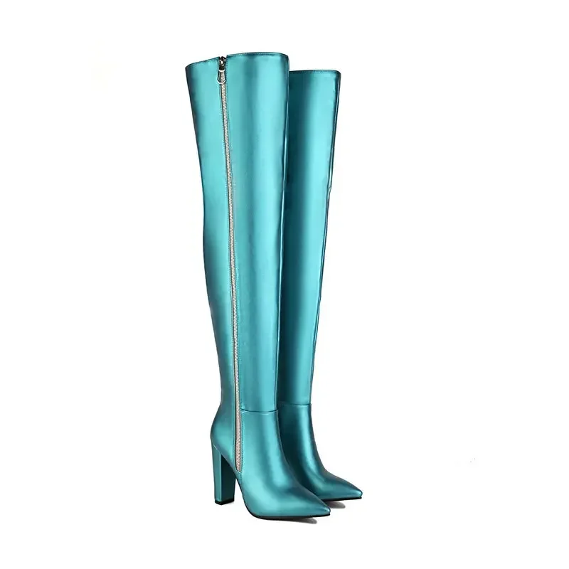 Green Yellow Pointed Toe Thick Block High Heels Stripper Pole Dance Shoes Side Zipper Overknees Over-the-knee Thigh Long Boots