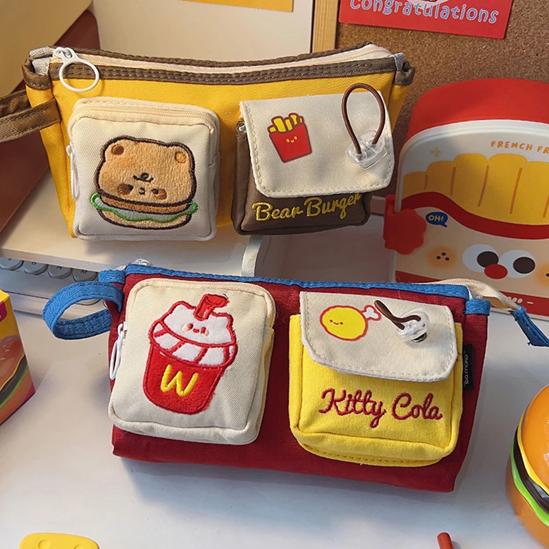 Cute Cartoon Hamburger And French Fries Pencil Case Large Capacity Pencil Box Storage Bag School Student Supplies