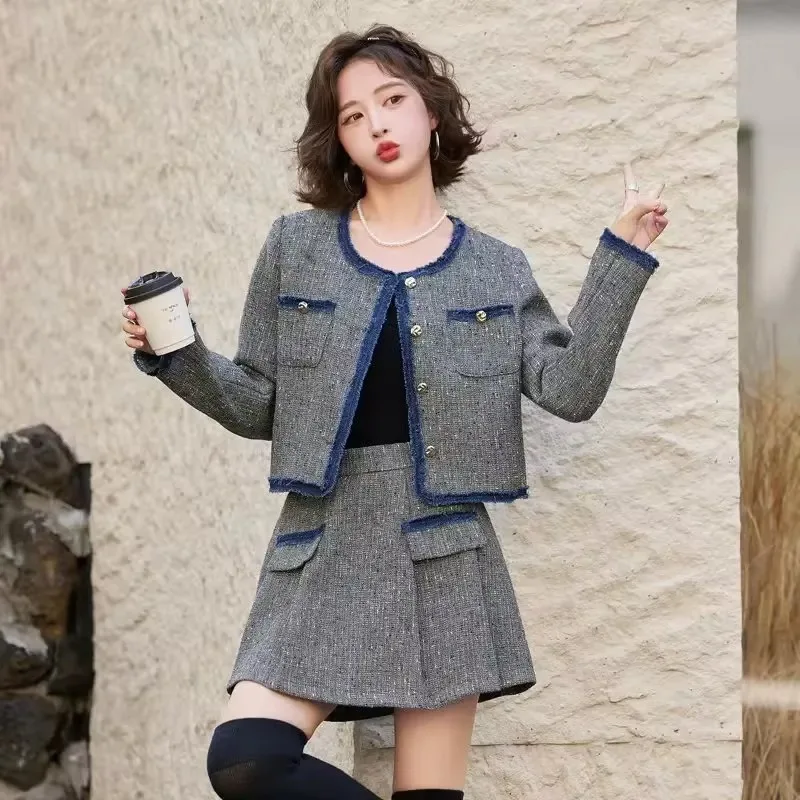 

Insozkdg Temperament Korean Style Skirt Suits Women's Jacket 2024 Autumn New High-end Coat + Mini Pleated Skirt Two-piece Set