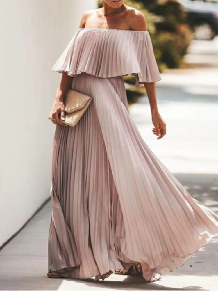 

One-line Collar Beach Skirt Floor-length Long Skirt Large Skirt Summer 2026 Summer New Fashion Pleated Solid Color Long Dress