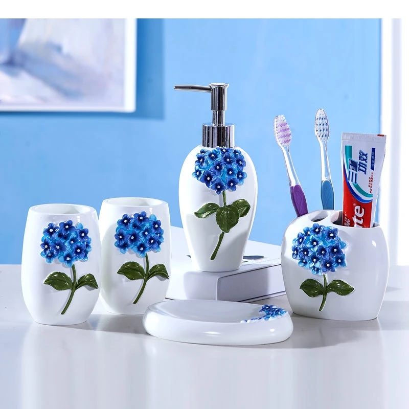 Resin Bathroom Kit Shampoo Lotion Bottle 5 Piece Set Household Mouthwash Cup Relief Pattern Wash Soap Dish Toothbrush Holder