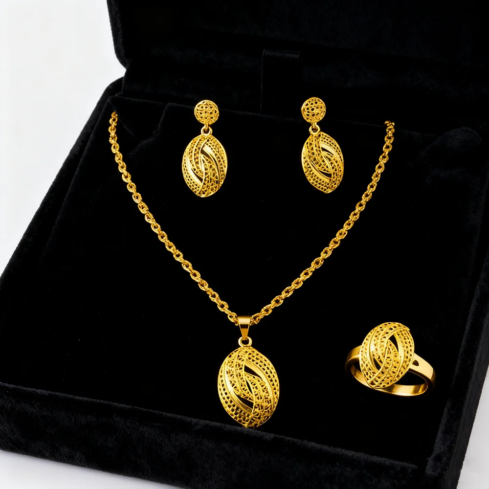 

24K Gold-plated Copper necklace earrings rings sets nigerian jewelry Set for Women Indian Bridal Costume Wedding Party Gifts