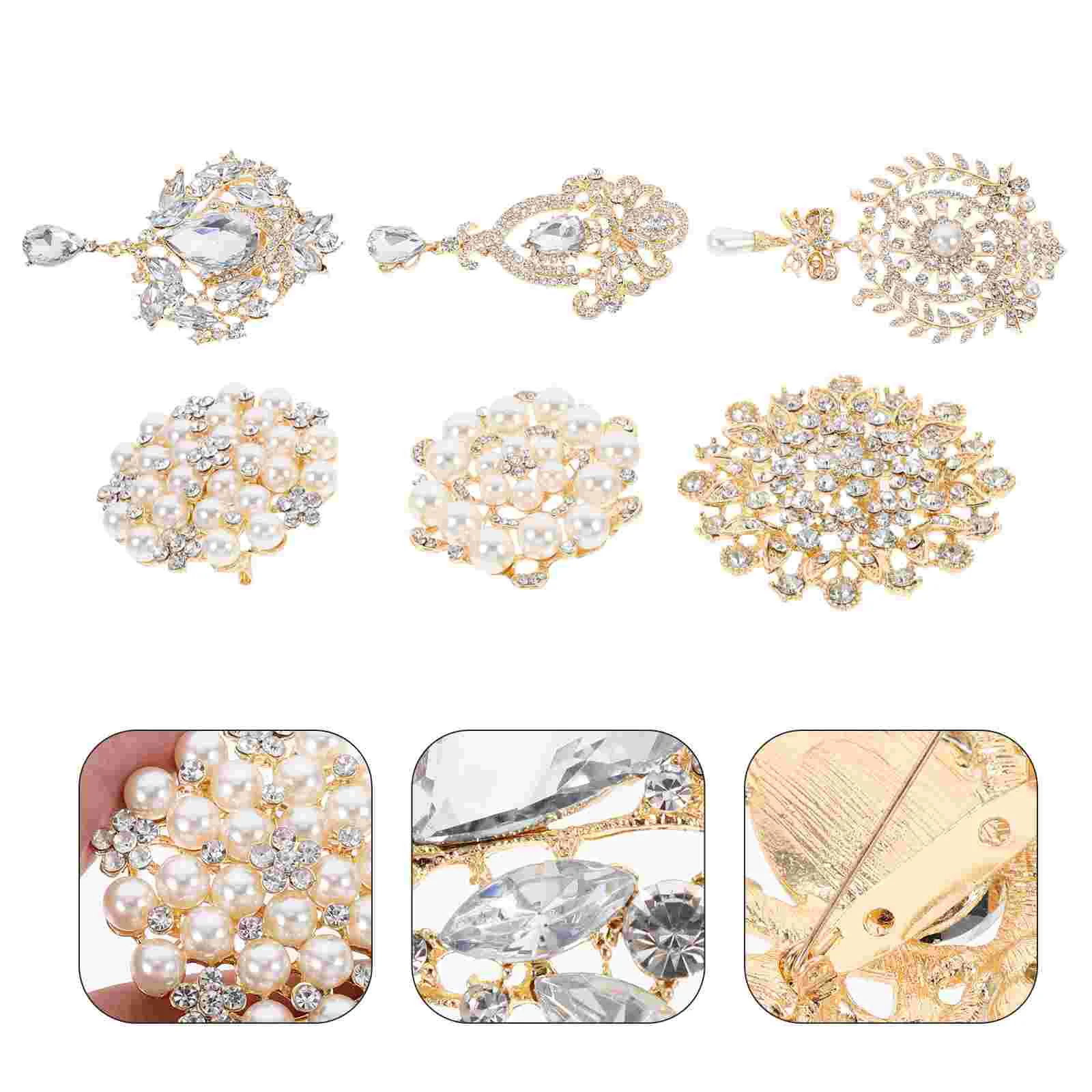 

6 Pcs Gold Brooches for Wedding Bouquet Pearl Rhinestone Pin and Diamond Simulated Artificial Bridesmaid