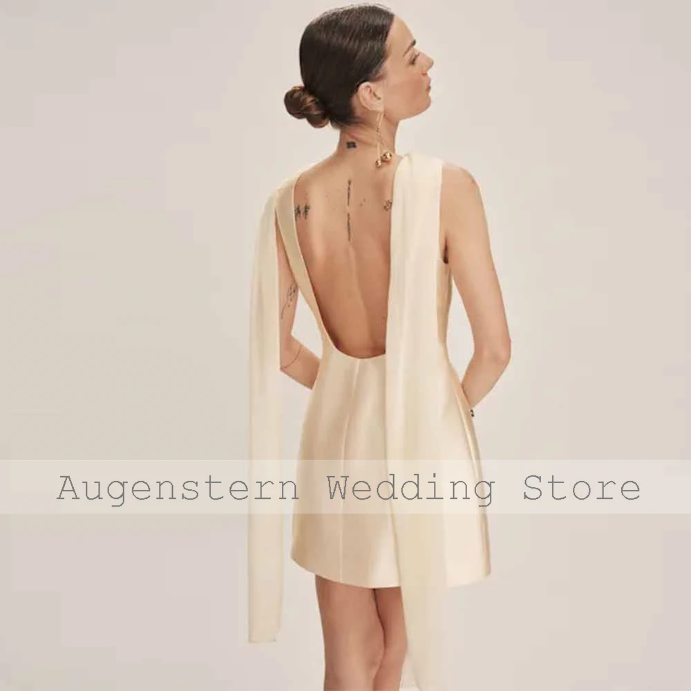 Women's Wedding Dresses Mini 2026 Satin Sheath/Column Wedding Party Dresses Champagne O-Neck Shawl Backless Wedding Dress Women