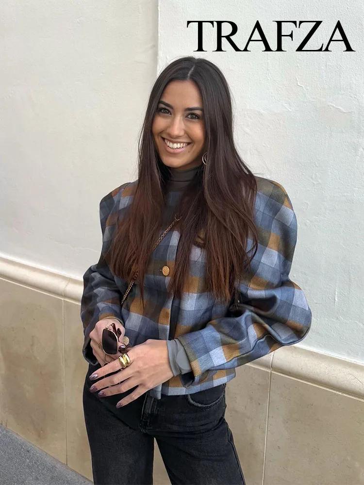 TRAFZA Frauen Mode Plaid Oansatz Langen Ärmeln Zweireiher Jacke Mäntel Frau Herbst Streetwear Stil Beiläufige Dünne Mäntel