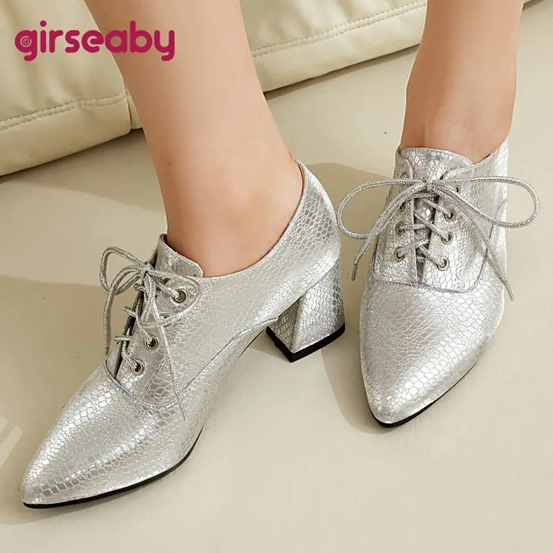 

Girseaby 2025 пикантные модные женские туфли-лодочки с острым носком на блочном каблуке 6 см, большой размер 41 42 43 блестящие офисные женские повседневные туфли