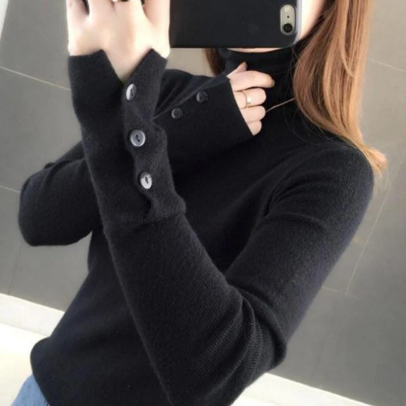 Autumn Winter Women\'s Clothing Solid Color Turtleneck Pullover Sweater Knitted Button Long Sleeve Casual Office Lady Tops