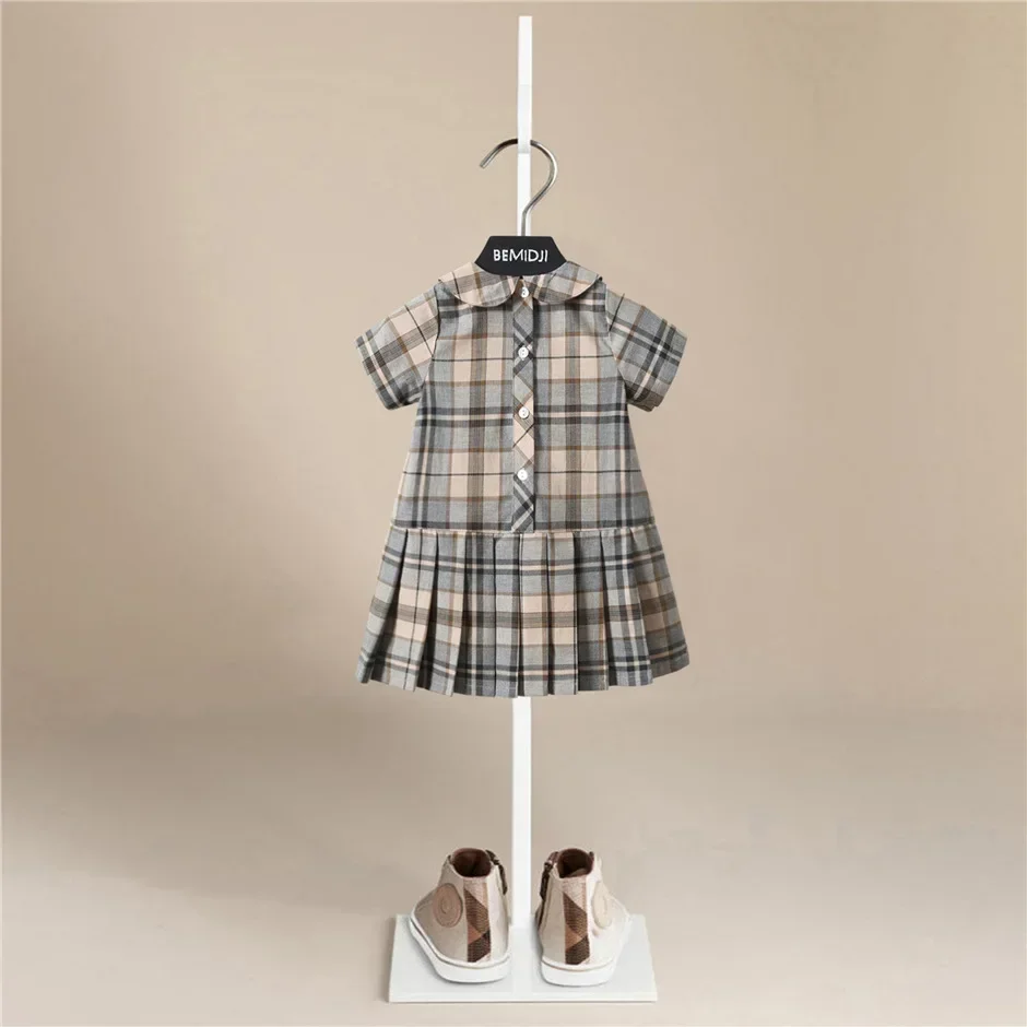 Children Dresses Baby Girl Princess Striped Pleated Dress Short Sleeve Infant Toddler  Turndown British Style Baby Clothes 1-10Y