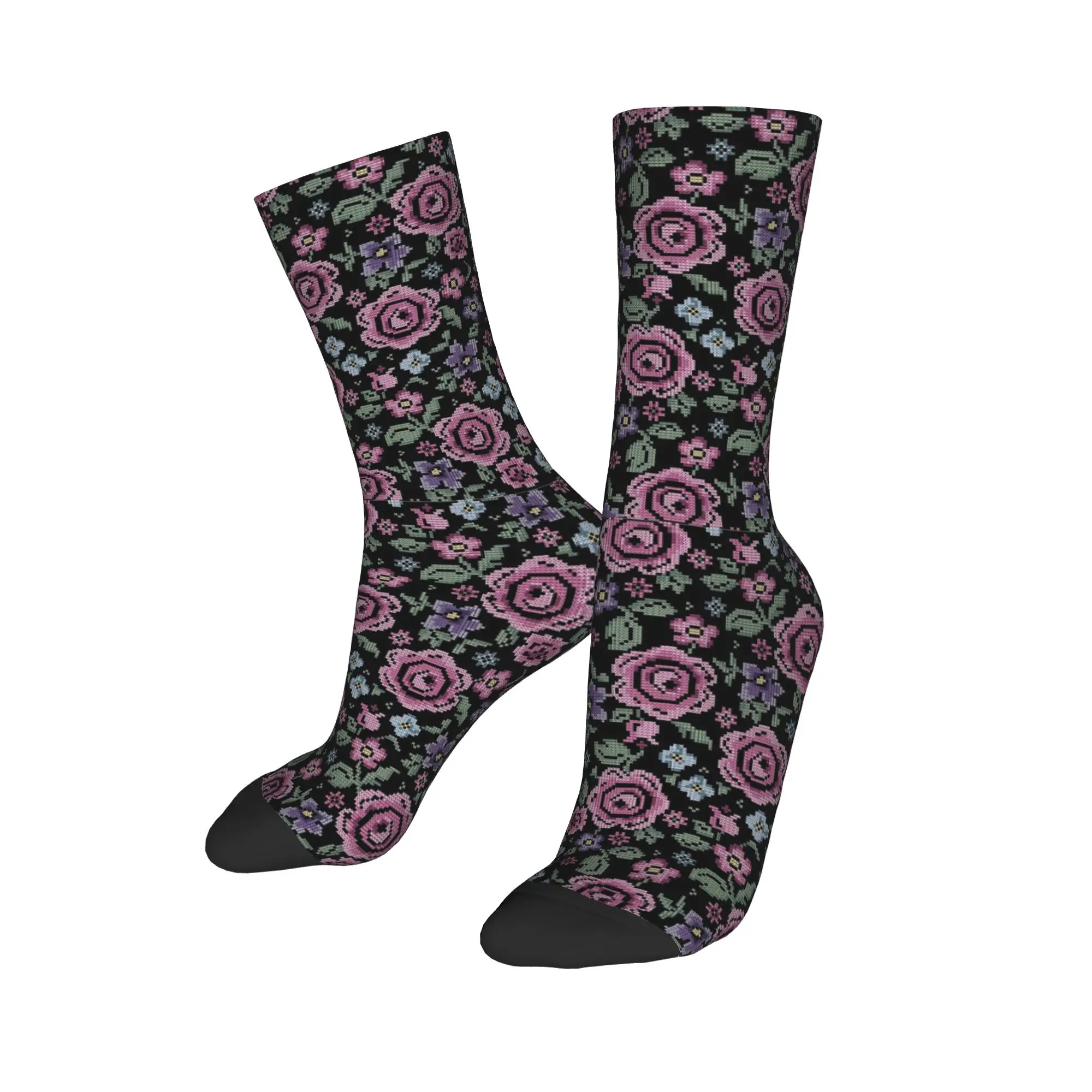 Unisex Men Socks Folk Flower Cross  Stockings Autumn Leisure Soft Socks Pattern Skateboard Anti Bacterial Socks