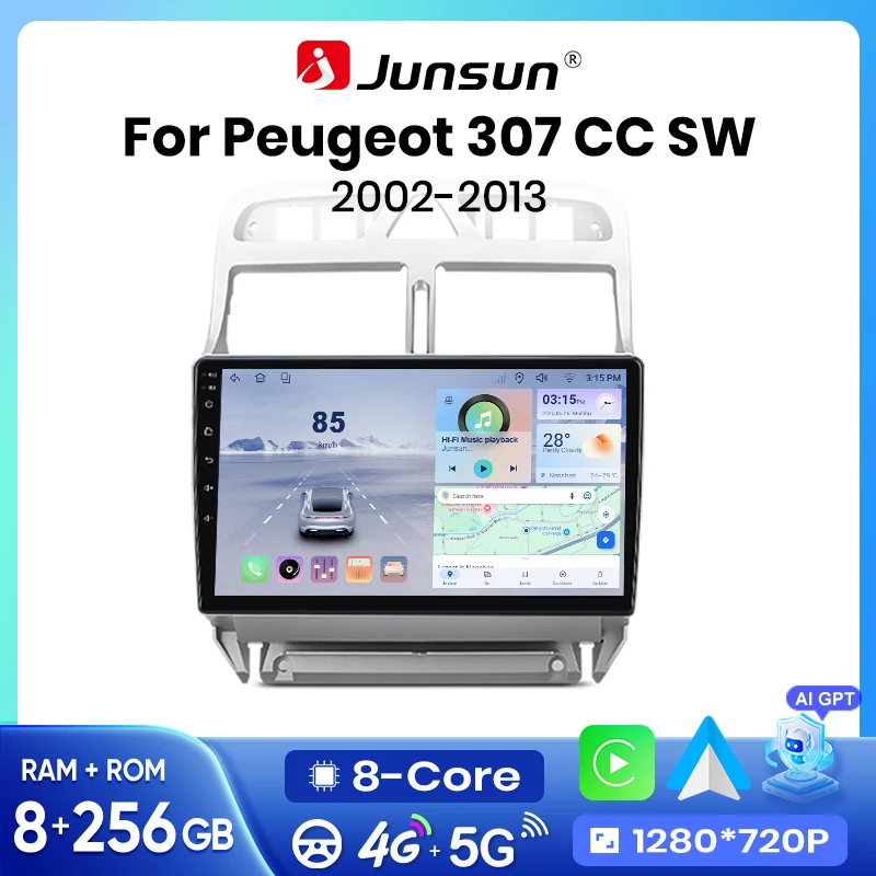 Junsun Wireless CarPlay Android Auto Autoradio für Peugeot 307 307CC 307SW 2002-2013 2 DIN Multimedia-Stereoanlage mit eingebautem Kühlventilator, intelligenten Systemen, Touchscreen, Videoplayer,