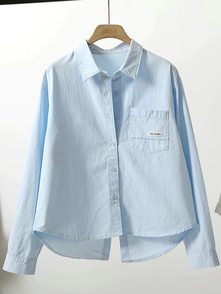 Back Slit Sweet Shirt Women Pure Cotton Loose Preppy Style Cute Blouse Fall Female Long Sleeve Letter Pocket Design Fashion Tops