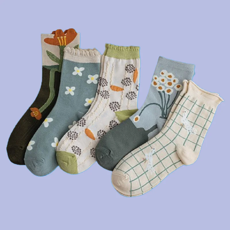 5/10 Pairs Japanese Girl Tulip Flowers and Grass Springtime Plaid Pattern Spring and Autumn New Korean Sweet Middle Tube Socks