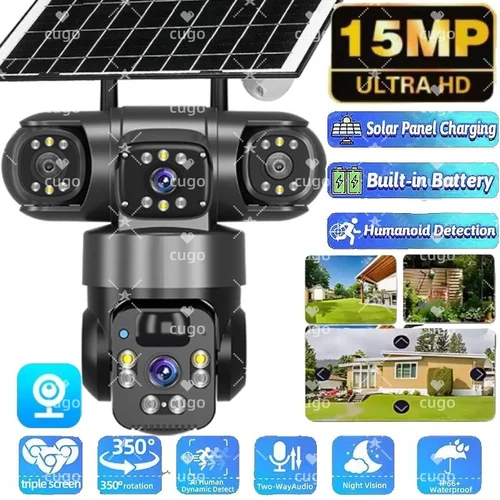 Cámara IP Wifi de 15MP, 8K, tres lentes, cámara Solar impermeable para exteriores, HD, batería de baja potencia, visión nocturna PIR, cámara de seguridad CCTV