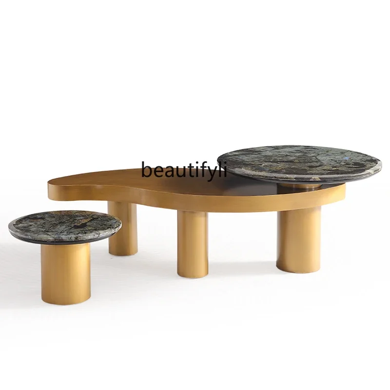 V Natural Luxury Stone Endtable Designer Model Special-Shaped Marble round Coffee Table Combination Light Luxury