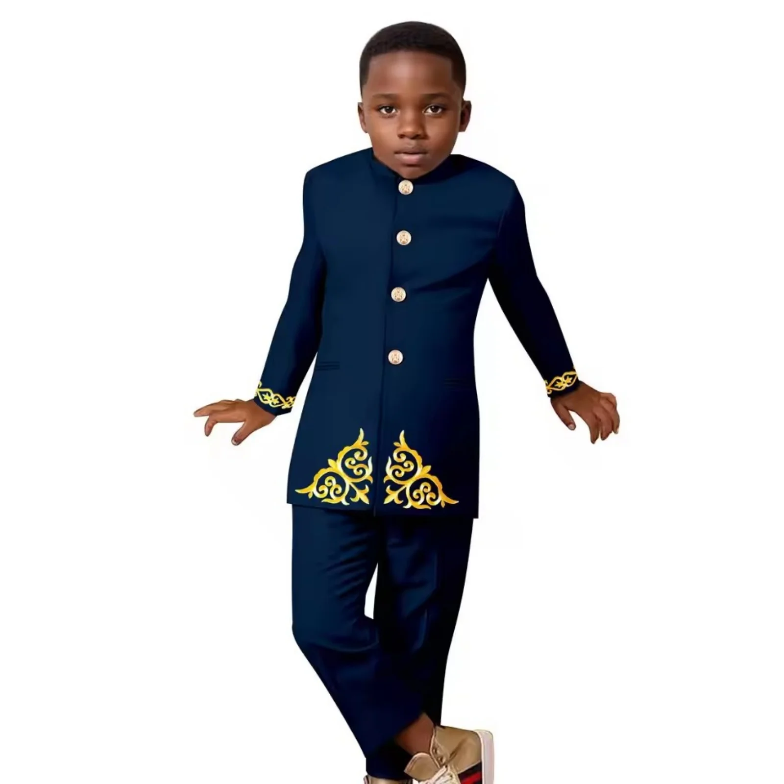 

Костюмы для мальчиков с вышивкой в африканском стиле, формальные аппликации, топ, куртка и брюки, комплекты Bazin Riche, традиционная одежда, вечерние, свадебные