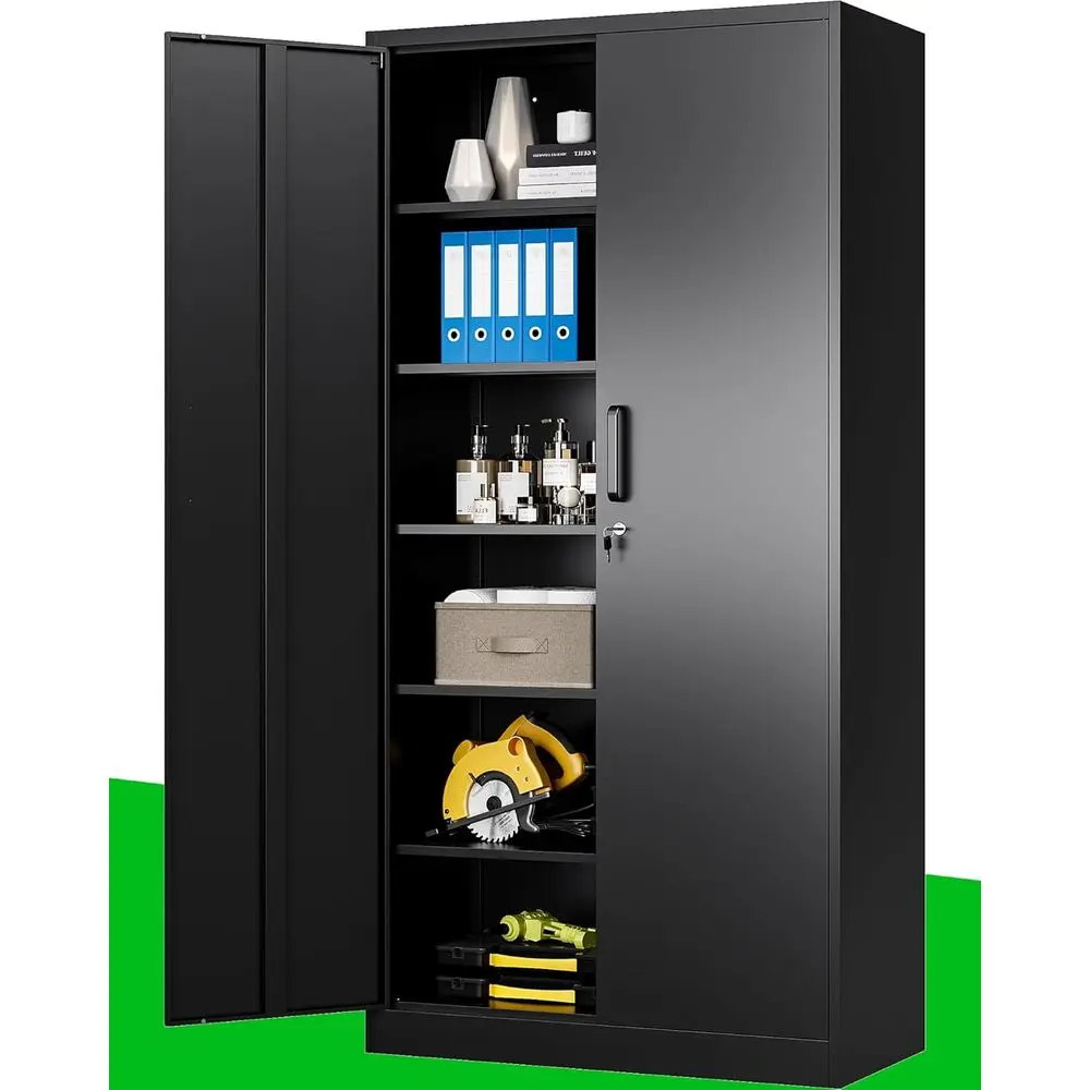 

71 Tall Metal Storage Cabinet with 5 Adjustable Shelves and Lock for Garage, Office, Home, School, Gym - Black