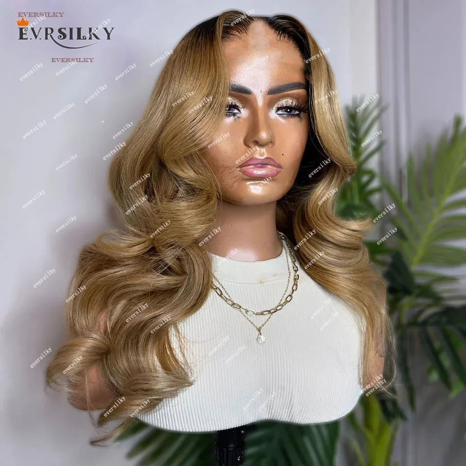 Ombre Golden Honey Blonde Body Wave V Part 100% Indian Human Hair Wigs Middle /Side Wavy Cheap Full Highlights Brown U Shape Wig