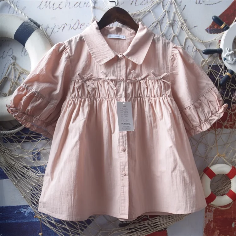 Милая одежда с пышными рукавами, милый стиль, белые розовые однотонные рубашки с бантом, блузки с короткими рукавами, ABDL, свободные рубашки из чистого хлопка для взрослых и детей