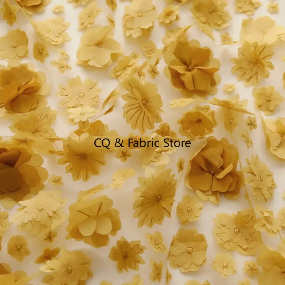 Yellow 3D Embroidered Floral Mesh Lace Fabric for Wedding Dresses, Cheongsams, and Designer Apparel By The Yard