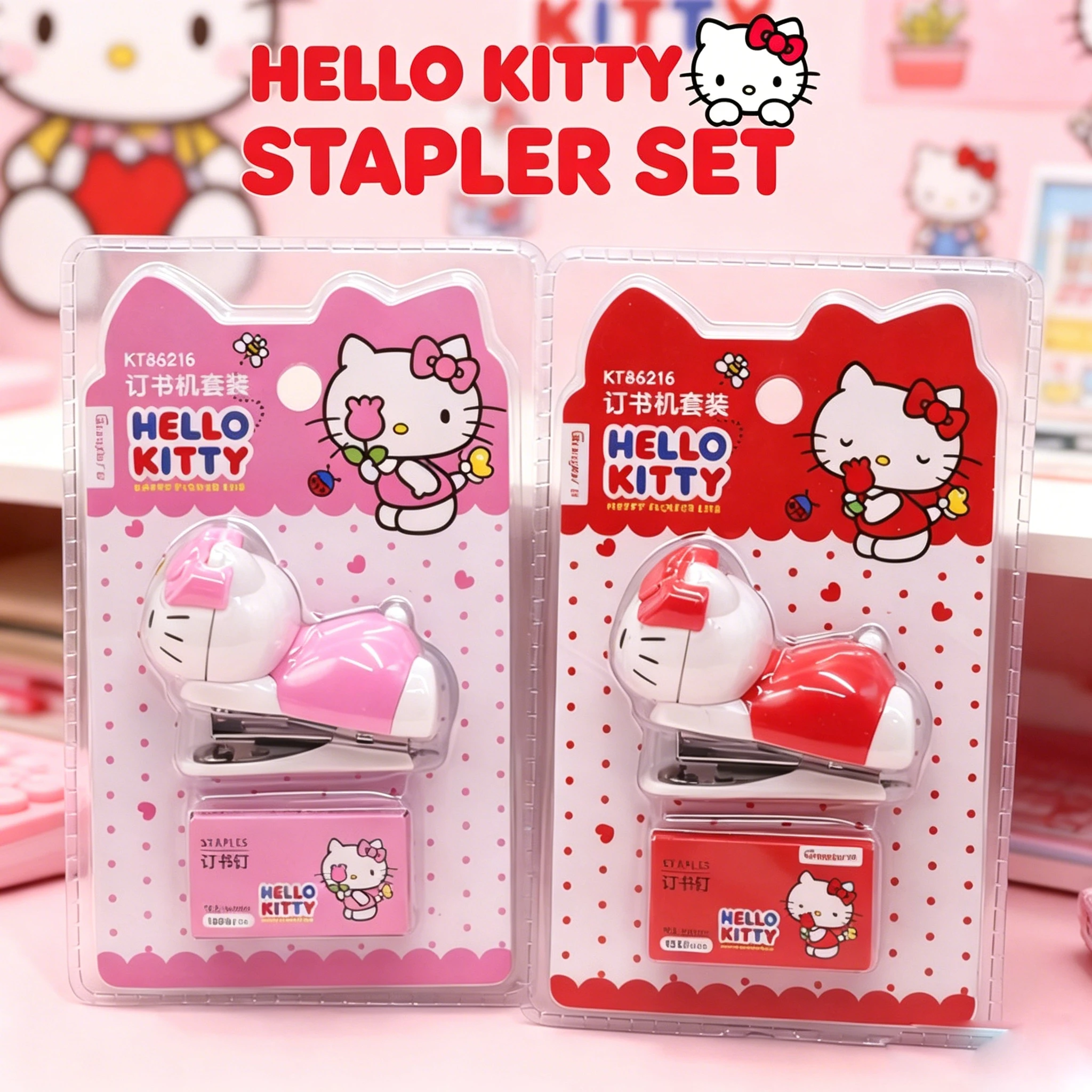 Sanrio Hello Kitty Stapler Set, Cute Cat, Portable Stationery and Exam Paper Stapler for Students School Stapler, Girl'S Gift