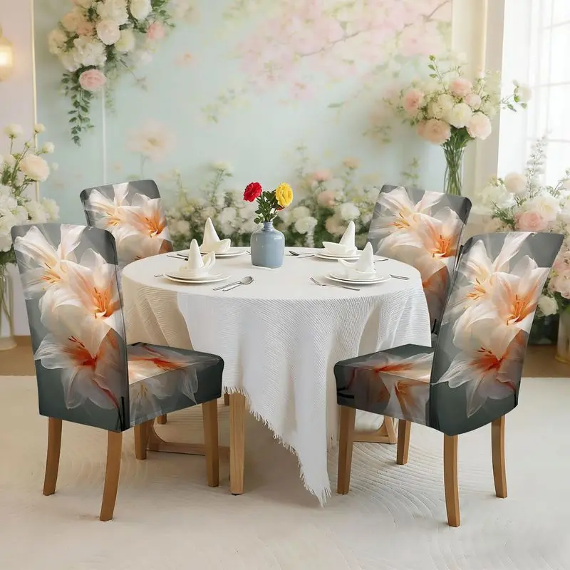 

Набор чехлов для обеденных стульев с плоским принтом и эластичной резинкой, светло-розовый с белыми лилиями и персиковым узором, легко устанавливается, можно стирать.