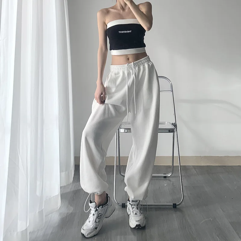 

Spring Autumn New Solid Color Fashion Elastic Waist Sweatpants Women High Street Casual Loose Pure Cotton Drawstring Trousers