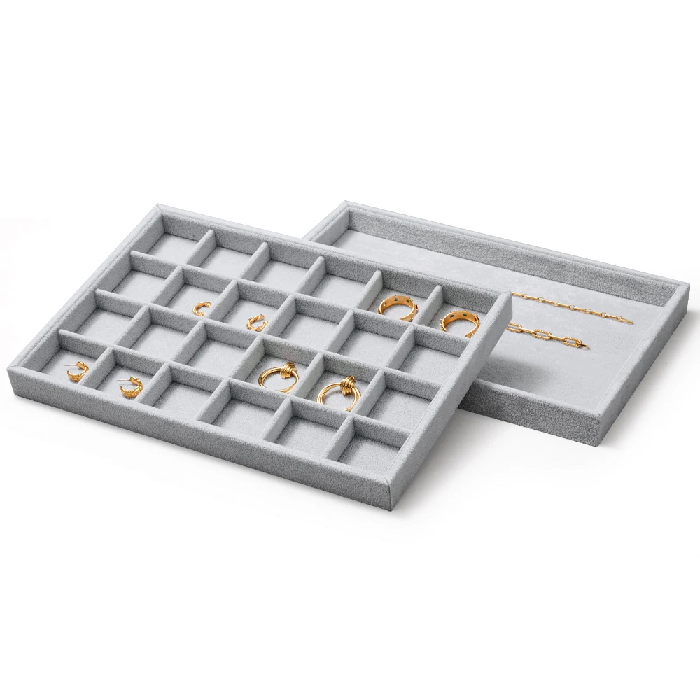 Oirlv Stackable Velvet Jewelry Storage Tray 24 Grid 13.78" x9.45" x 1.58" for Earrings Bracelets Necklaces Watches Rings Accessories