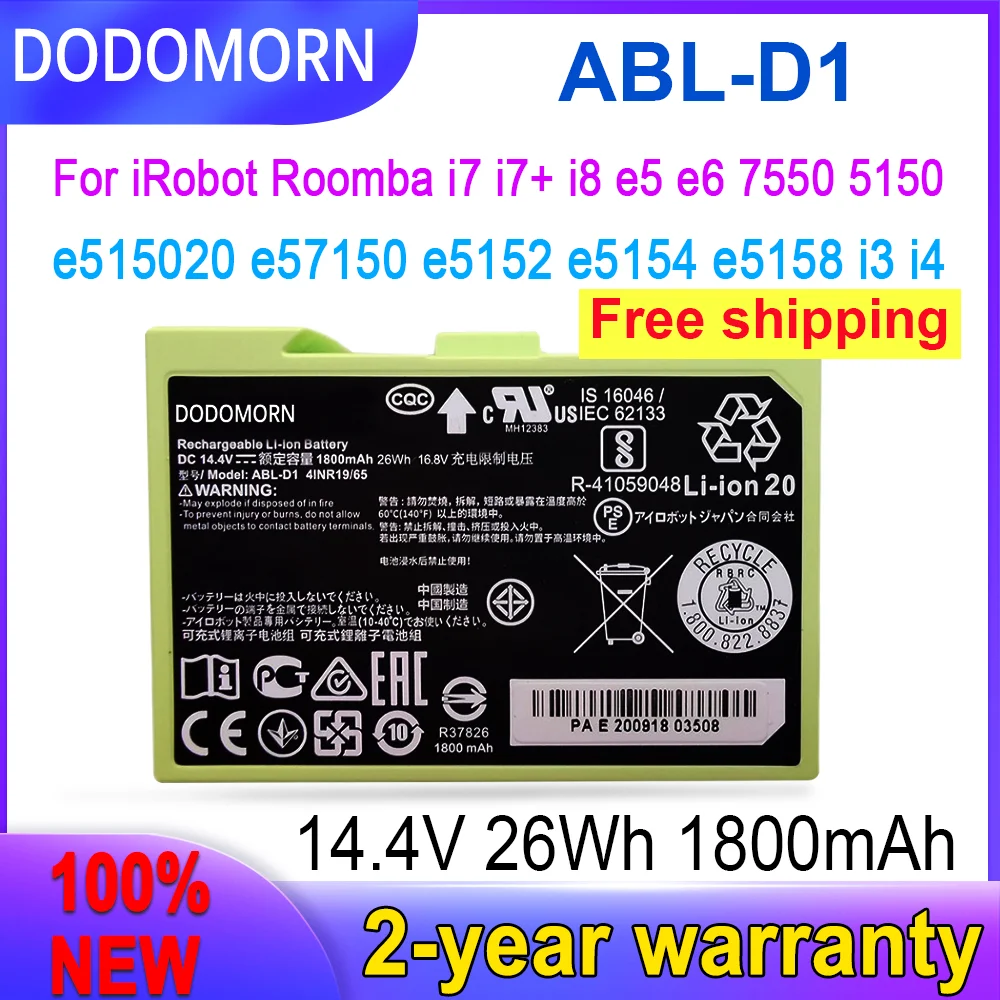 DODOMORN NEW ABL-D1 1800mAh High Quality Battery For iRobot Roomba i7 i7+ i8 e5 e6 7150 e5150 e5152 e5158 Vacuum Cleaner