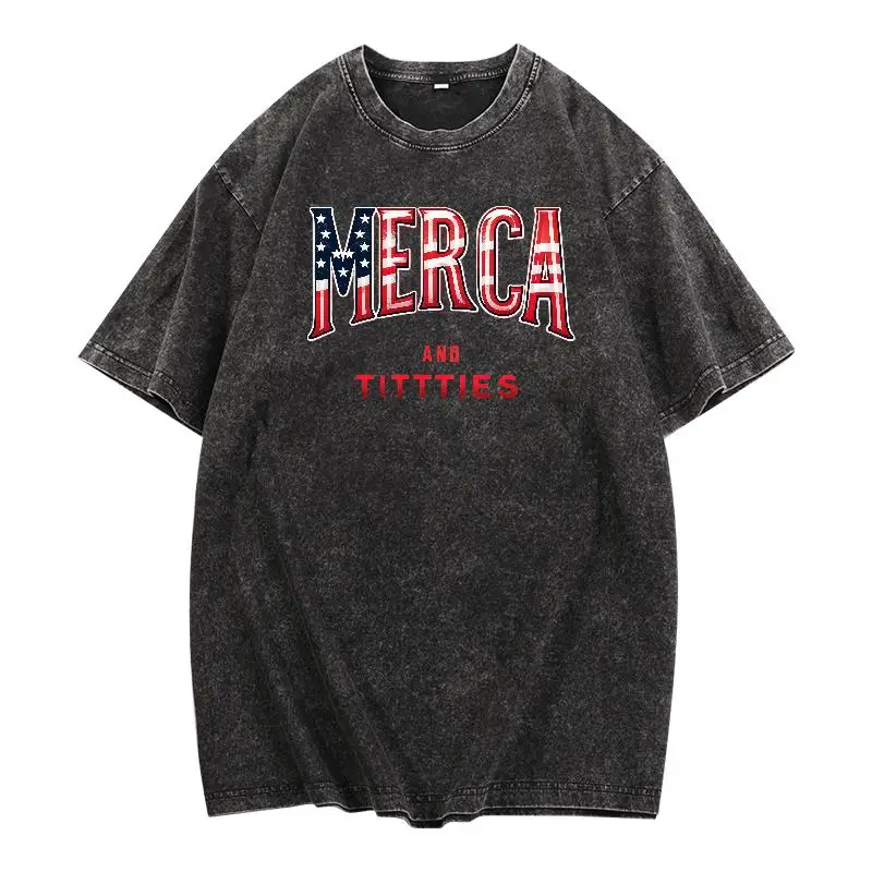 

MERCA AND TITTIES" Letter Print T-shirt | American Flag Style Funny Tee for Patriotic and Humor Lovers
