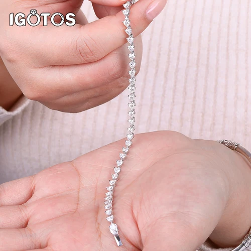 IGOTOS 3mm 하트 컷 Moissanite 테니스 팔찌 패스 다이아몬드 테스트 화이트 골드 도금 925 실버 GRA 인증 팔찌 여성용