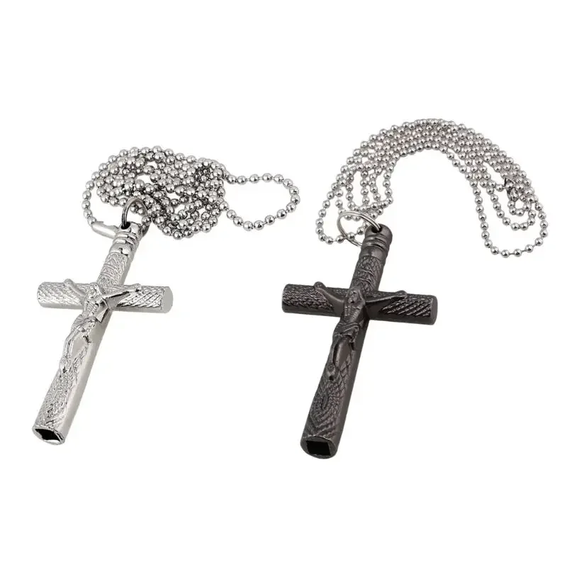 1pc Chrome Plated Steel Cross Crucifix Jesus Drum Key Chain Necklace Black