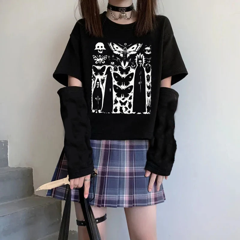 Harajuku جماليات خمر الشارع الشهير المرأة قمة الموضة فاسق كم طويل س الرقبة المحملة موضة عادية Y2K تنوعا القوطية تي شيرت #5