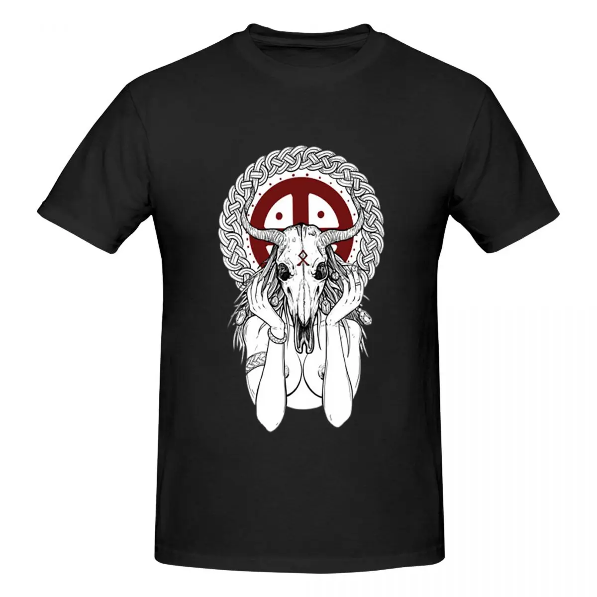 Viking Shaman Girl With Horse Skull Men T-Shirt Funny Oversized T Shirts Men's O-Neck Cotton Tees Short Summer Male