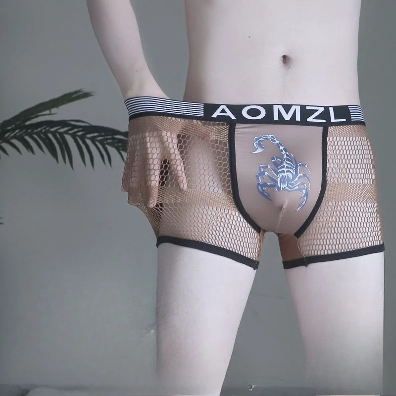 3Pcs Men Panties Ice Silk Thin Mesh Boxers Shorts Breathable Sexy Hollow Out Patchwork Mens Underwear See-through Boxer