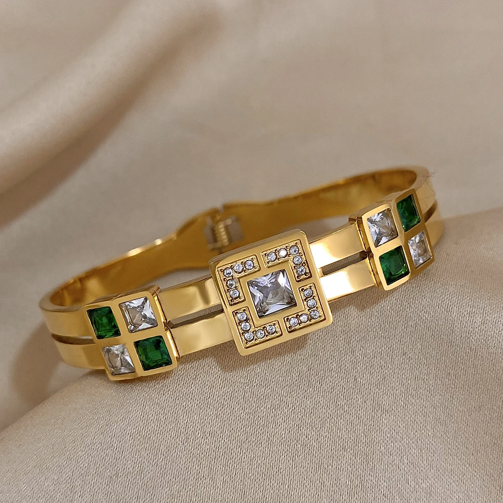 Greatera Inlaid White Green Square Zircon Stainless Steel Cuff Bracelet Bangle for Women Gold Plated Waterproof Party Jewelry
