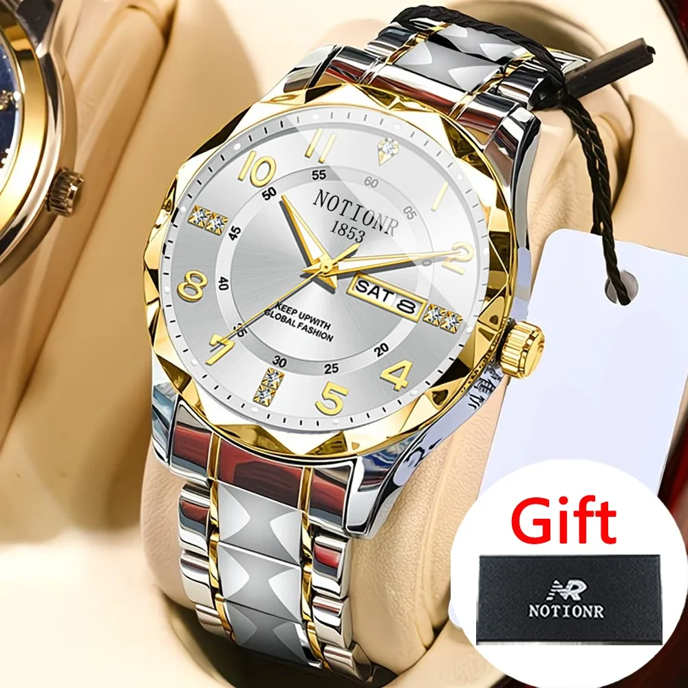 New Stainless Steel Men'S Quartz Watch Rhinestone Dial, Date Calendar, Trendy Minimalist Luxury Brand, Black Gift Box