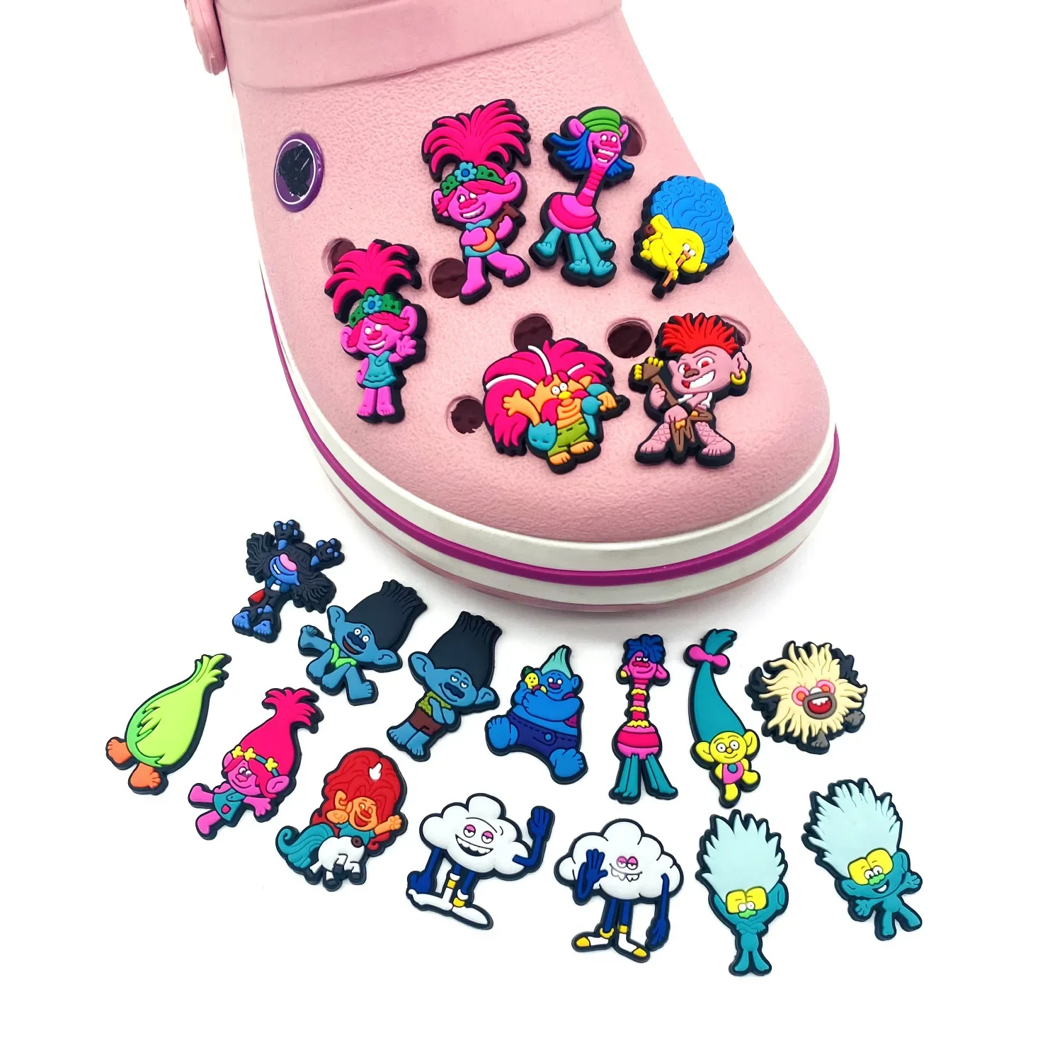 20 unids/set Trolls Croc zapatos encantos zapatos flores accesorios de dibujos animados zapatos decoraciones para zapatillas Croc hebilla regalos