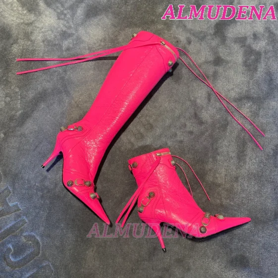 

Hot Pink Pointy Toe Studs Knee High Boots Women Thin High Heel Leather Long Boots Black Plus Size Luxury Designer Shoes on Offer