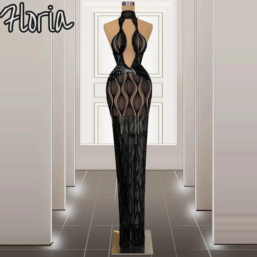 

Sexy Arabic Black High Neck Mermaid Evening Dresses Sleeveless Cut Out Beaded Formal Party Dresses vestidos de gala