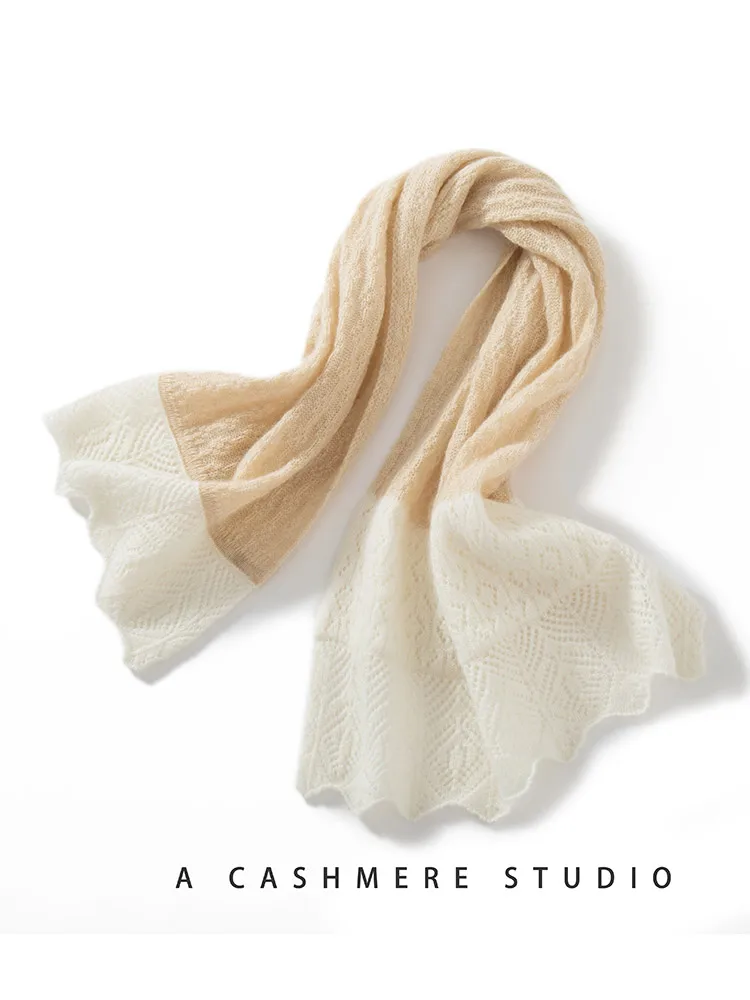 2025年新作 レディース 100%カシミヤスカーフ カジュアルスタイル ホローショール 秋冬 カシミヤニット 高級 カラーブロッキング スカーフ トップス