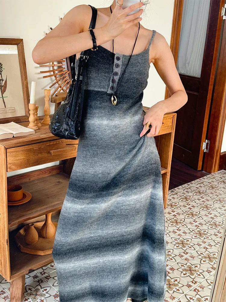 

GypsyLady Elegant French Knitted Maxi Dresses Autumn Spring Sleeveless Gray Sexy Casual Women Ladies Knitting Bottoming Dress