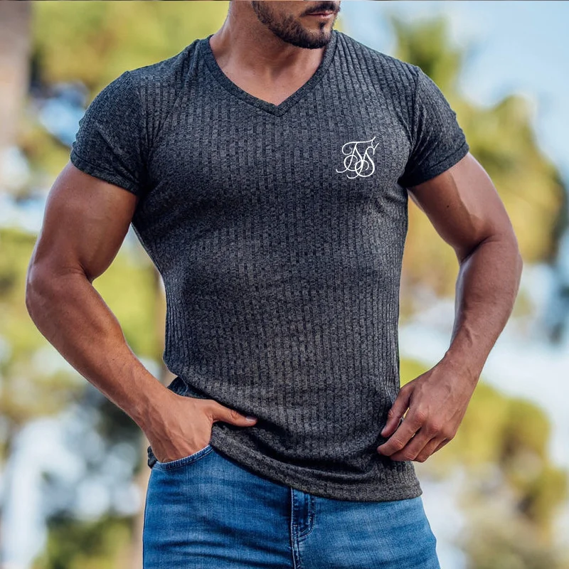 Men V Neck Short Sleeve T Shirt Fitness Slim Fit Sports Strips T-shirt Male Solid Fashion Tees Tops Summer Knitted Gym Shirts