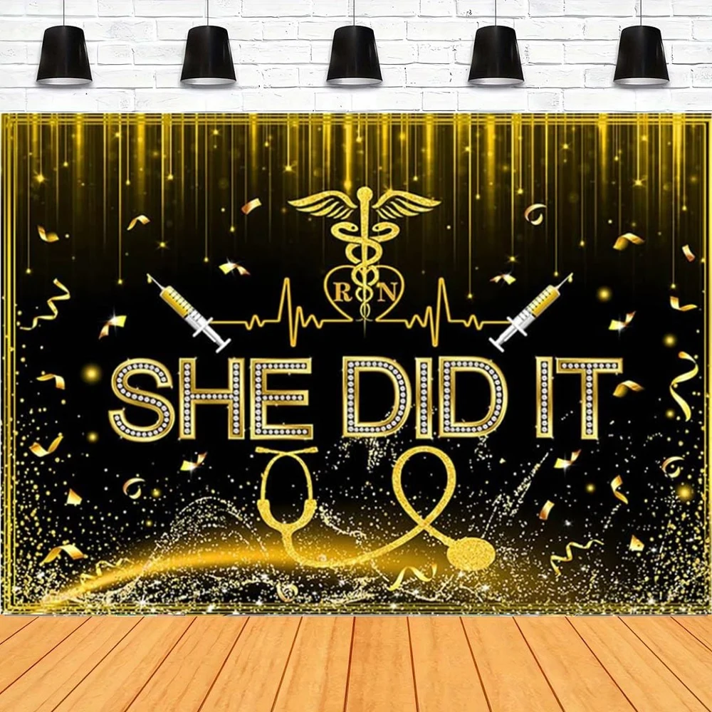 

Фон для фотосъемки выпускного медсестры, она сделал это поздравление, выпускники, черное золото, блестящий фон, поздравления, баннер